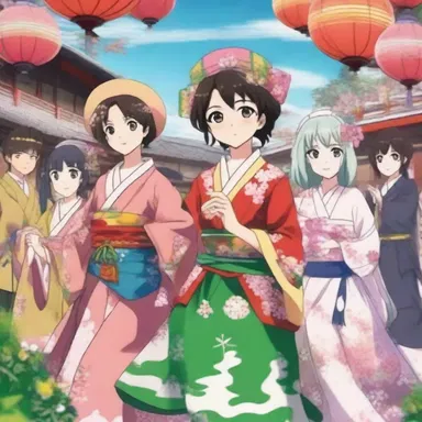 In the anime series, the characters participated in a festive festival, dressed in vibrant traditional costumes and enjoying the lively atmosphere.