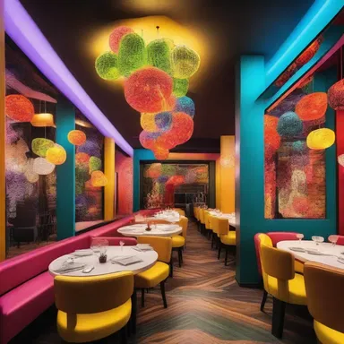 The architect designed a festive restaurant with colorful decor and mood lighting to create a celebratory atmosphere for diners.