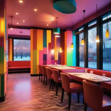The architect designed a festive restaurant with colorful decor and mood lighting to create a celebratory atmosphere for diners.