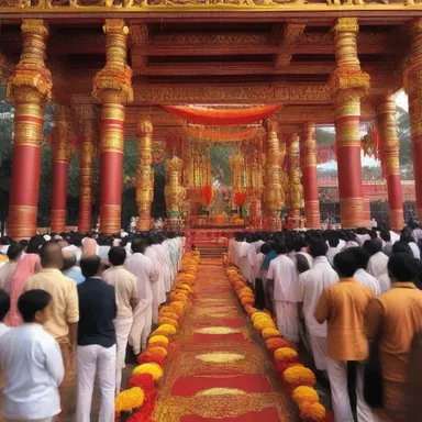 During the religious festival, the entire community gathered at the temple in a festive spirit to celebrate and give thanks.