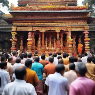 During the religious festival, the entire community gathered at the temple in a festive spirit to celebrate and give thanks.