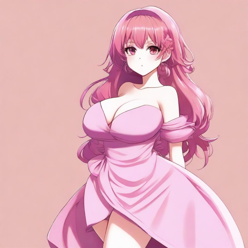 Generate an image of an anime styled character, a 'waifu', with a curvaceous figure, wearing a pink, wireless dress