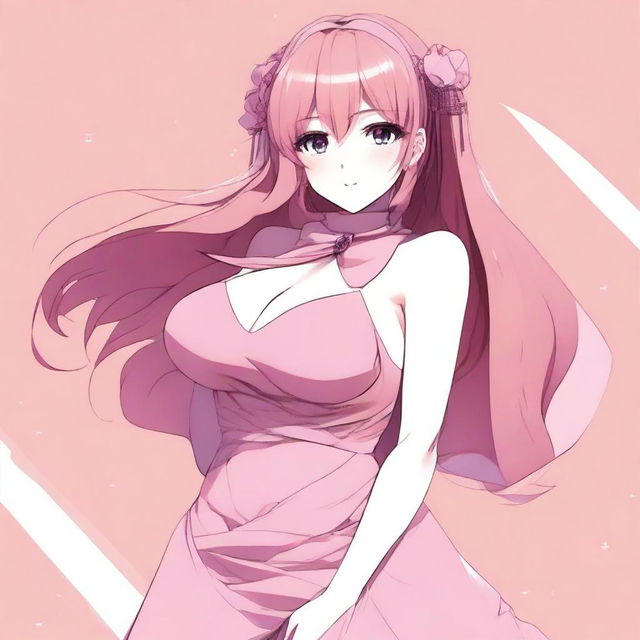 Generate an image of an anime styled character, a 'waifu', with a curvaceous figure, wearing a pink, wireless dress