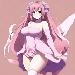 Generate an image of an anime styled character, a 'waifu', with a curvaceous figure, wearing a pink, wireless dress