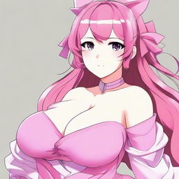 Generate an image of an anime styled character, a 'waifu', with a curvaceous figure, wearing a pink, wireless dress