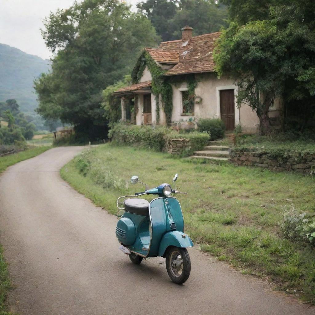 A vintage Vespa scooter journeying along a countryside road towards a rustic farmhouse nestled amidst lush greenery.