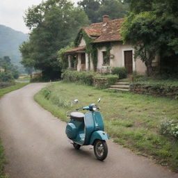 A vintage Vespa scooter journeying along a countryside road towards a rustic farmhouse nestled amidst lush greenery.