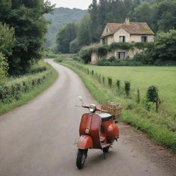 A vintage Vespa scooter journeying along a countryside road towards a rustic farmhouse nestled amidst lush greenery.