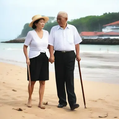 He affectionately handed her a malacca cane so they could stroll along the beach together.