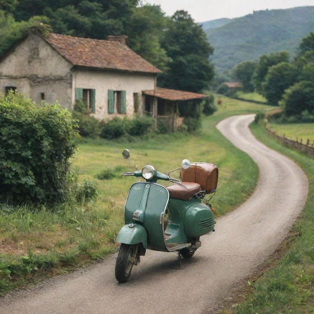 A vintage Vespa scooter journeying along a countryside road towards a rustic farmhouse nestled amidst lush greenery.