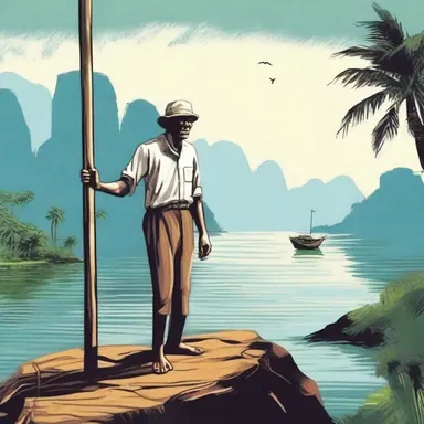 The character in the novel leaned on a malacca cane to support himself as he explored the mysterious island.
