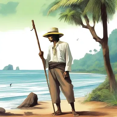 The character in the novel leaned on a malacca cane to support himself as he explored the mysterious island.