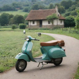 A vintage Vespa scooter journeying along a countryside road towards a rustic farmhouse nestled amidst lush greenery.