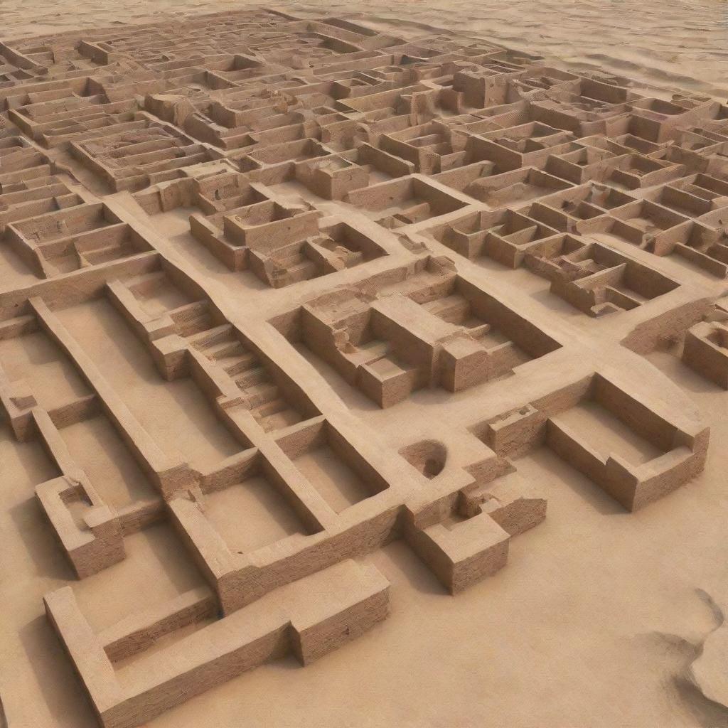 A 3D model of the ancient city of Mohenjo Daro. Emphasize on tangible structures with detailed architecture. Include holographic elements to represent the surroundings and the inhabitants of the city.