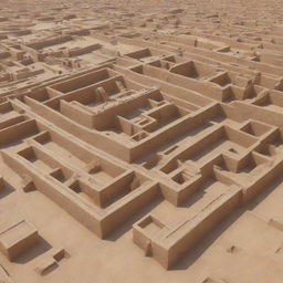 A 3D model of the ancient city of Mohenjo Daro. Emphasize on tangible structures with detailed architecture. Include holographic elements to represent the surroundings and the inhabitants of the city.