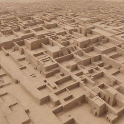 A 3D model of the ancient city of Mohenjo Daro. Emphasize on tangible structures with detailed architecture. Include holographic elements to represent the surroundings and the inhabitants of the city.