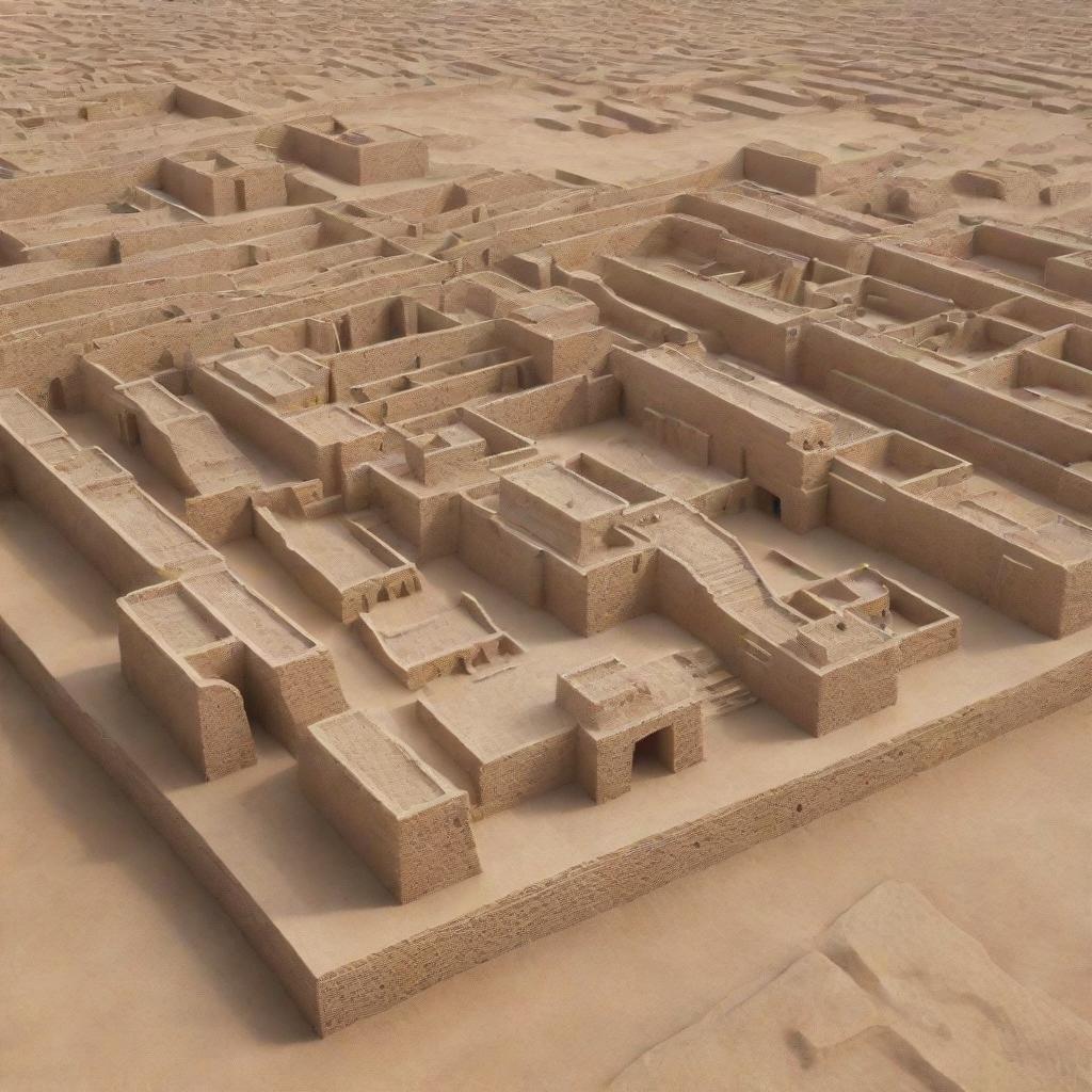 A 3D model of the ancient city of Mohenjo Daro. Emphasize on tangible structures with detailed architecture. Include holographic elements to represent the surroundings and the inhabitants of the city.