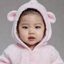 Baby version of Jennie Kim from BLACKPINK with her distinctive features, dressed in a cute baby outfit.