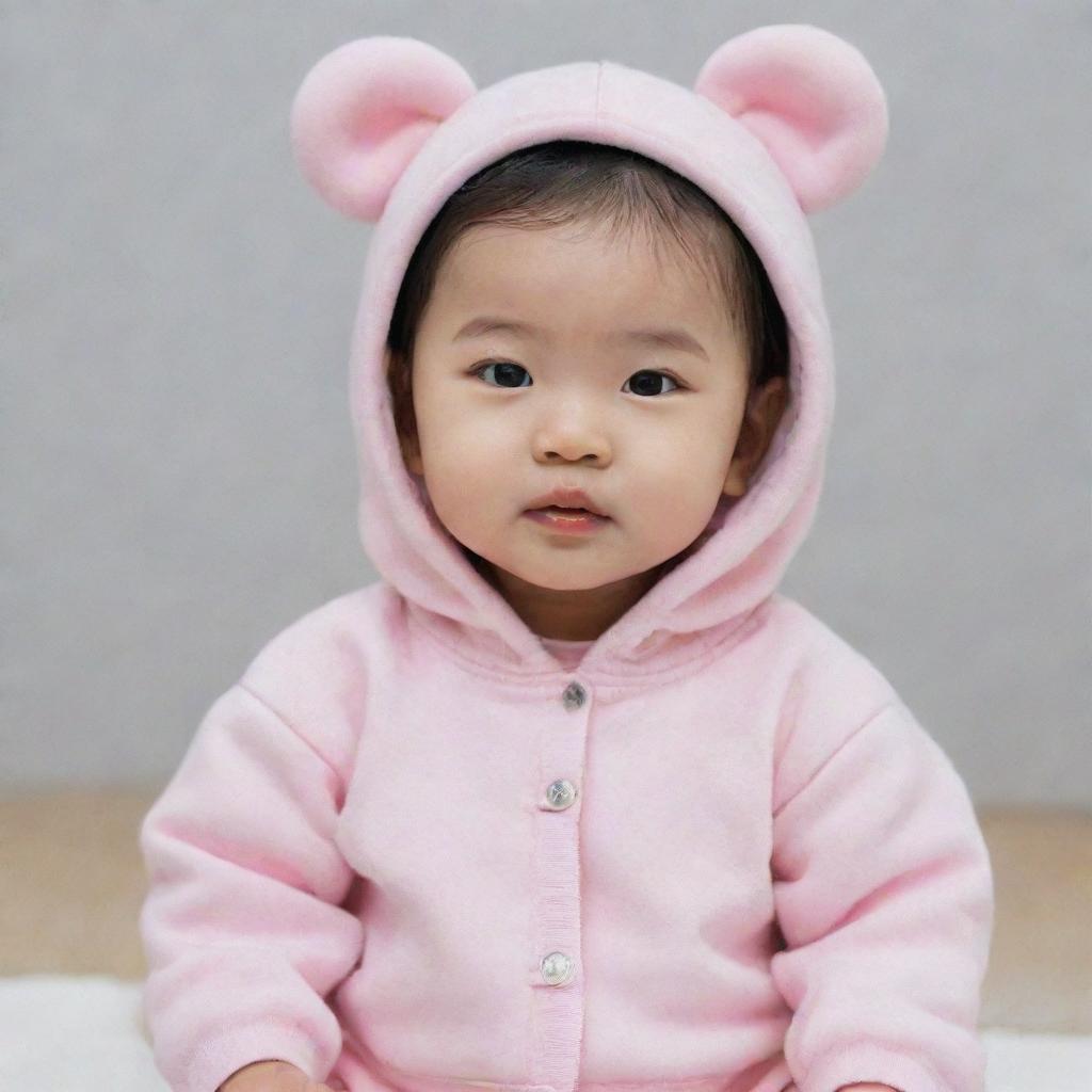 Baby version of Jennie Kim from BLACKPINK with her distinctive features, dressed in a cute baby outfit.