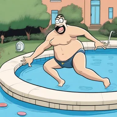 In the cartoon, the character comically undressed and jumped into the pool.