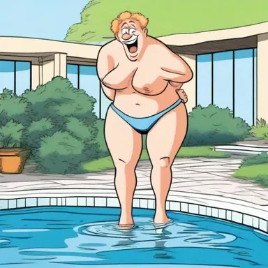 In the cartoon, the character comically undressed and jumped into the pool.