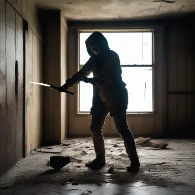As the horror movie villain chased her relentlessly, the protagonist stumbled upon a graving tool in a dusty old shed, hoping to defend herself.