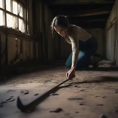 As the horror movie villain chased her relentlessly, the protagonist stumbled upon a graving tool in a dusty old shed, hoping to defend herself.