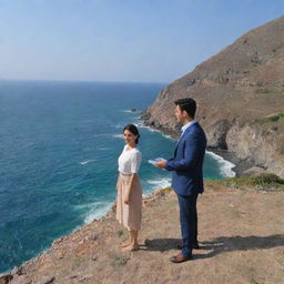 A romantic couple named ROUHI and AFSAR standing at the boundary of the sea within a picturesque natural landscape.