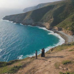 A romantic couple named ROUHI and AFSAR standing at the boundary of the sea within a picturesque natural landscape.