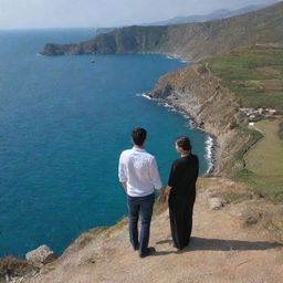 A romantic couple named ROUHI and AFSAR standing at the boundary of the sea within a picturesque natural landscape.