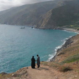 A romantic couple named ROUHI and AFSAR standing at the boundary of the sea within a picturesque natural landscape.