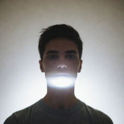 A mirrored selfie with the person in the center. On the right side, there is a large source of intense white light casting a soft silhouette on the person.