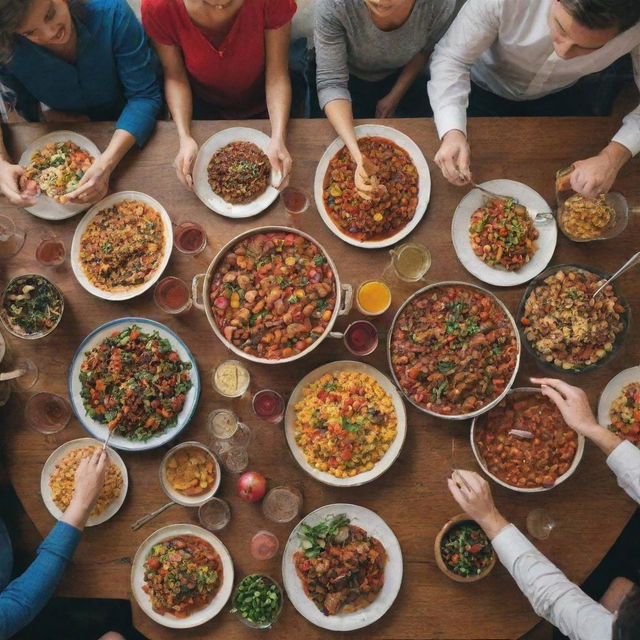 A group of people happily gathered around a table, lavishly laden with delicious, colorful food, expressing their anticipation and excitement as they prepare to satiate their hunger.