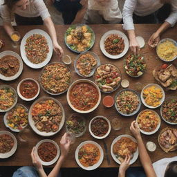 A group of people happily gathered around a table, lavishly laden with delicious, colorful food, expressing their anticipation and excitement as they prepare to satiate their hunger.