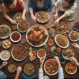 A group of people happily gathered around a table, lavishly laden with delicious, colorful food, expressing their anticipation and excitement as they prepare to satiate their hunger.