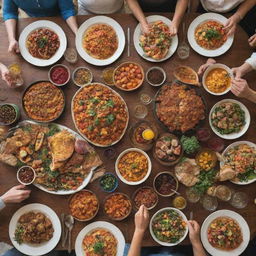 A group of people happily gathered around a table, lavishly laden with delicious, colorful food, expressing their anticipation and excitement as they prepare to satiate their hunger.