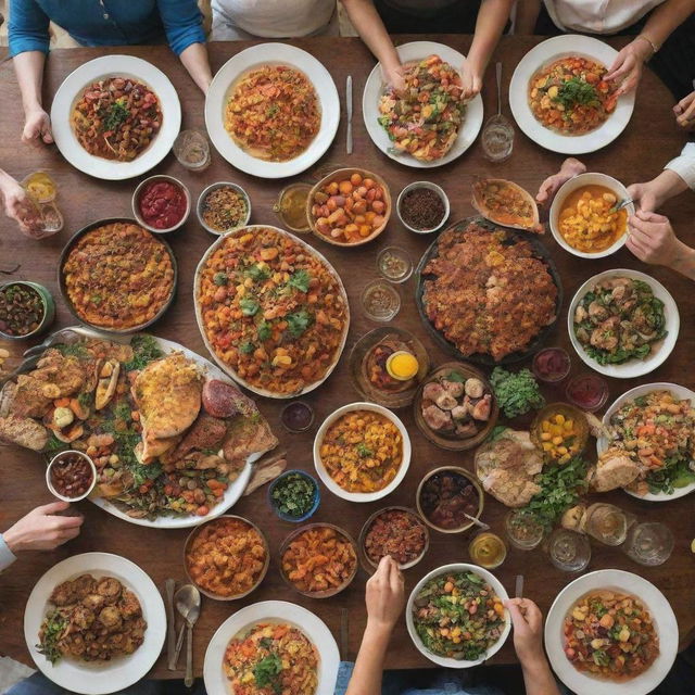 A group of people happily gathered around a table, lavishly laden with delicious, colorful food, expressing their anticipation and excitement as they prepare to satiate their hunger.