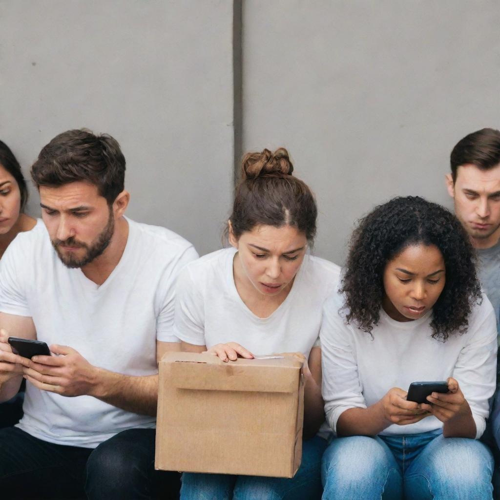 A group of hungry and frustrated people, anxiously glancing at their phones, checking delivery status, while waiting impatiently for their food to arrive on time.