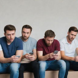 A group of hungry and frustrated people, anxiously glancing at their phones, checking delivery status, while waiting impatiently for their food to arrive on time.