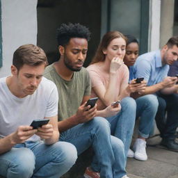 A group of hungry and frustrated people, anxiously glancing at their phones, checking delivery status, while waiting impatiently for their food to arrive on time.