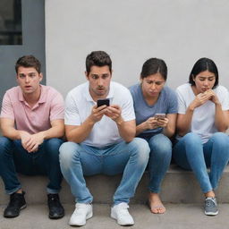 A group of hungry and frustrated people, anxiously glancing at their phones, checking delivery status, while waiting impatiently for their food to arrive on time.