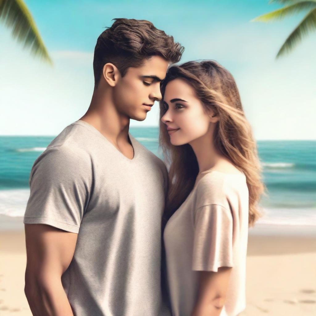 Create a book cover image featuring a young man and woman standing by the beach, facing each other