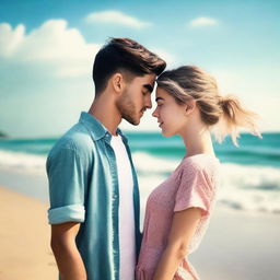 Create a book cover image featuring a young man and woman standing by the beach, facing each other