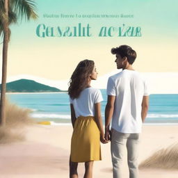 Create a book cover image featuring a young man and woman standing by the beach, facing each other