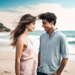 Create a book cover image featuring a young man and woman standing by the beach, facing each other