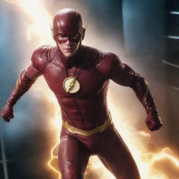 Lucas Till in the role of the Flash, running fast through the shimmering, energy-filled Speed Force.