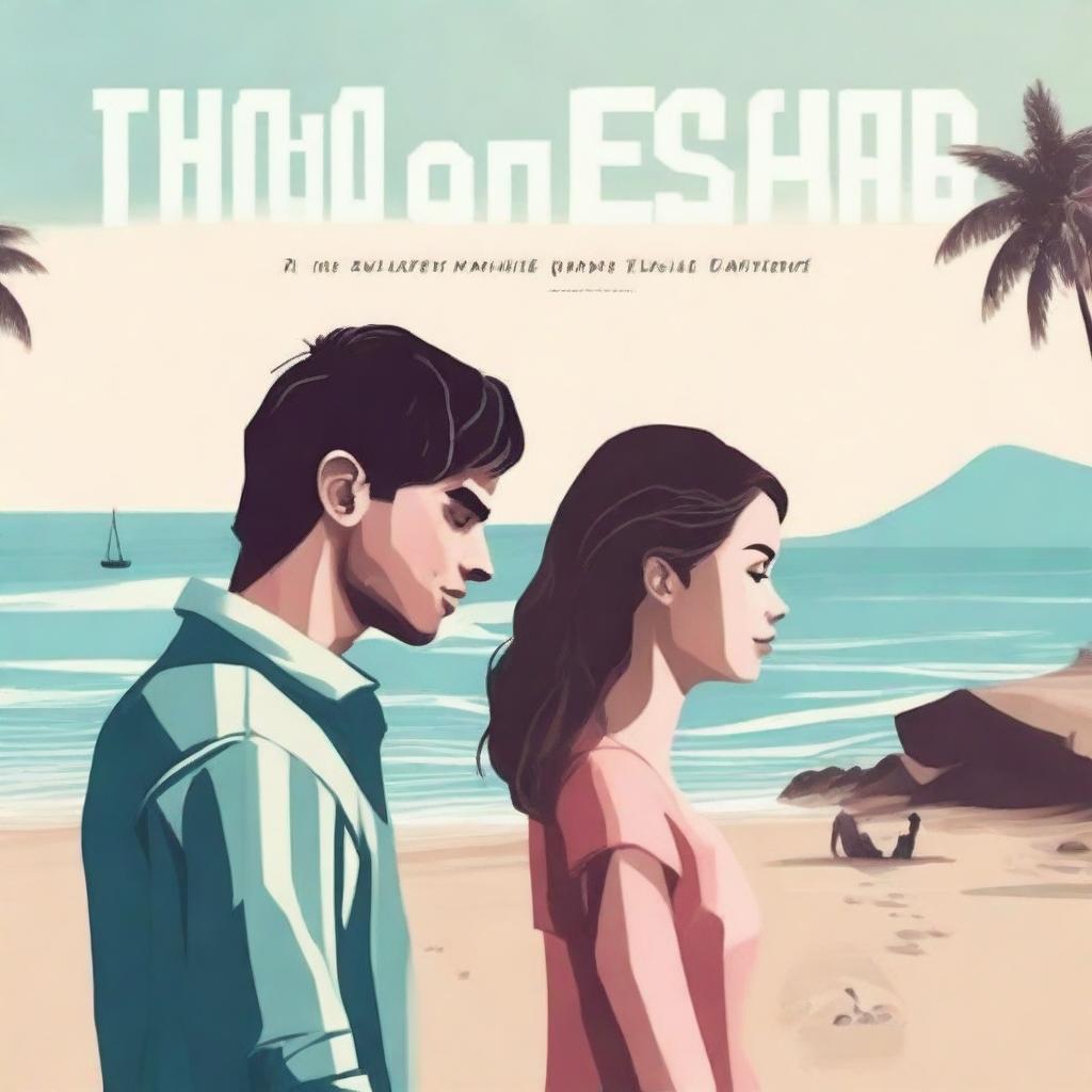 Create a book cover image featuring a young man and woman standing by the beach, facing each other