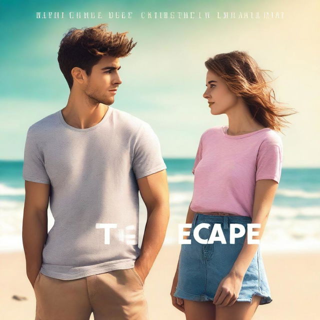 Create a book cover image featuring a young man and woman standing by the beach, facing each other