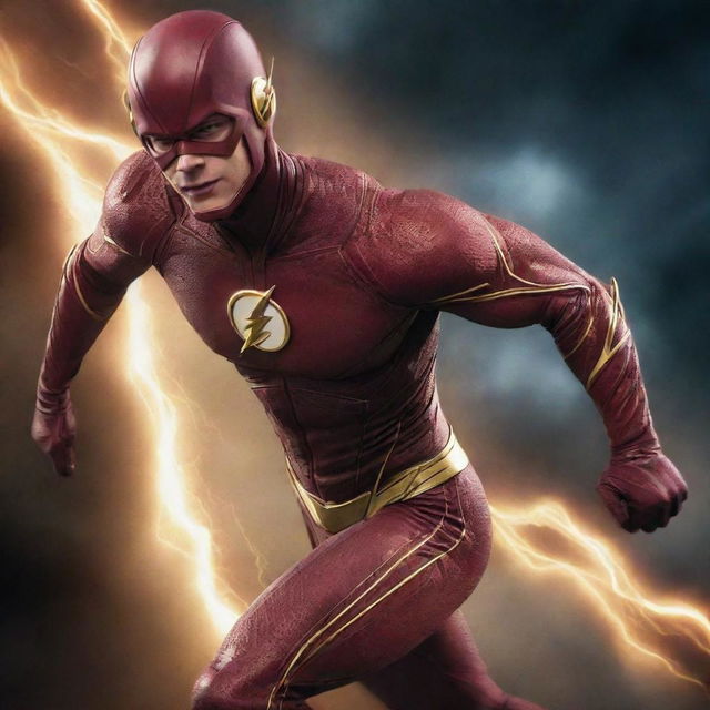 Lucas Till in the role of the Flash, running fast through the shimmering, energy-filled Speed Force.