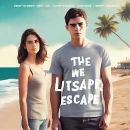 Create a book cover image featuring a young man and woman standing by the beach, facing each other